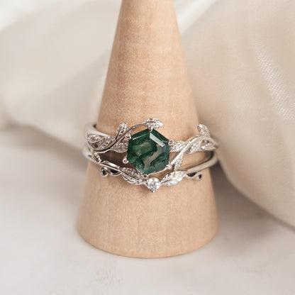 Moss Agate Bridal Set |  Engagement & Wedding Ring Set | 925 Sterling Silver Moonstone&Sage