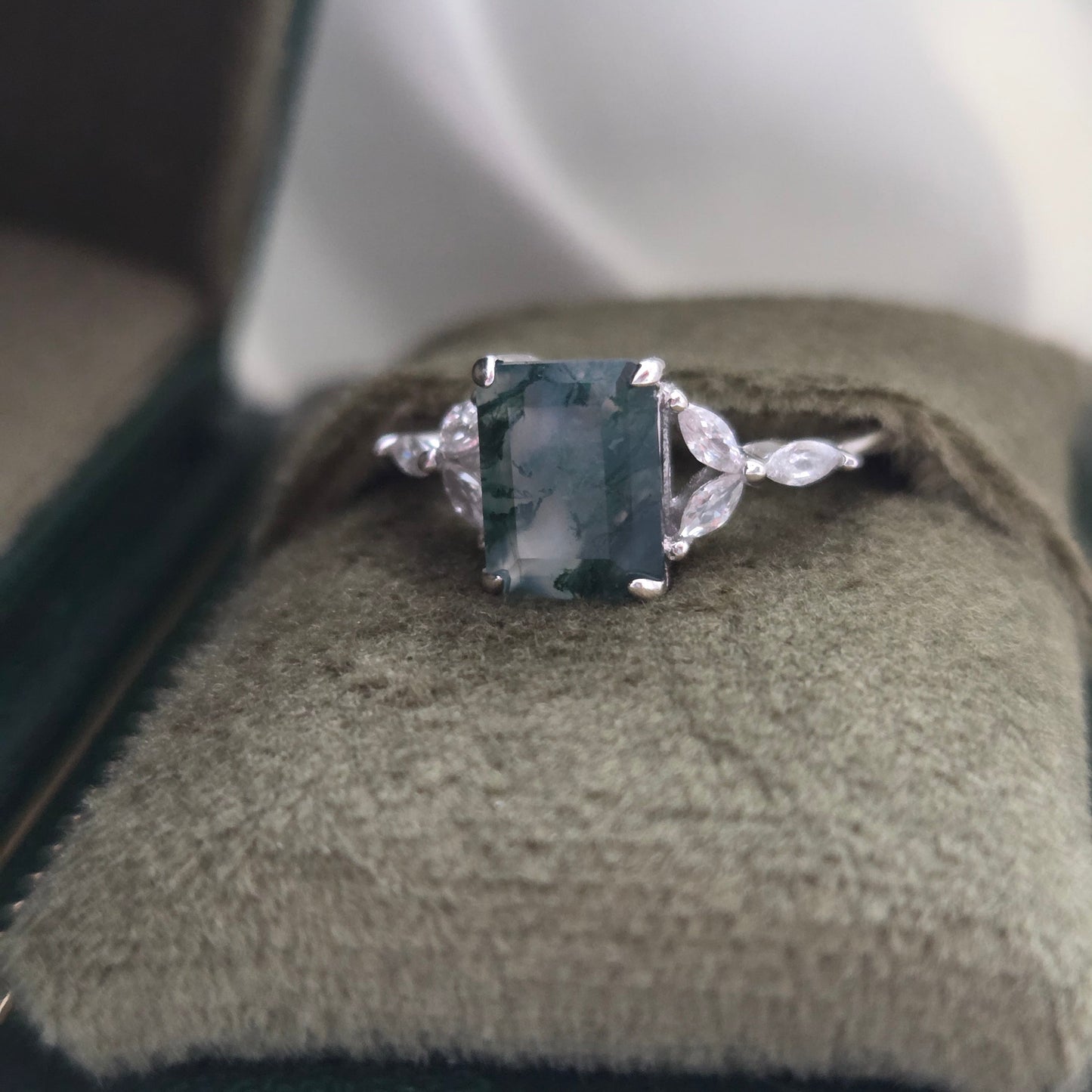 Natural Moss Agate Ring | Emerald-cut | Cubic Zirconia | 925 Sterling Silver Moonstone&Sage