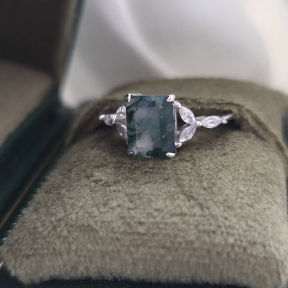 Natural Moss Agate Ring | Emerald-cut | Cubic Zirconia | 925 Sterling Silver Moonstone&Sage
