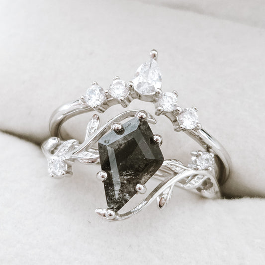 Salt and Pepper Herkimer Diamond Ring Set – 925 Sterling Silver Herkimer Quartz Rings Moonstone&Sage