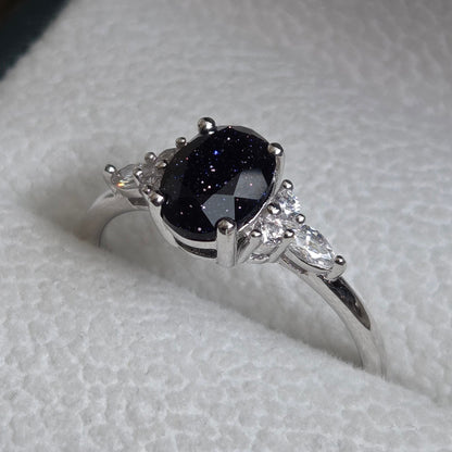 blue goldstone blue sandstone ring silver ring